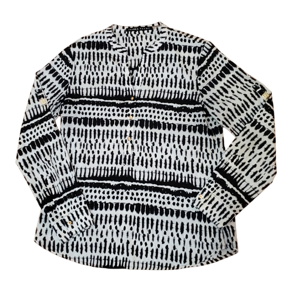Ivanka Trump Womens Button Down Top Shirt Small Roll Tab Sleeves Black White